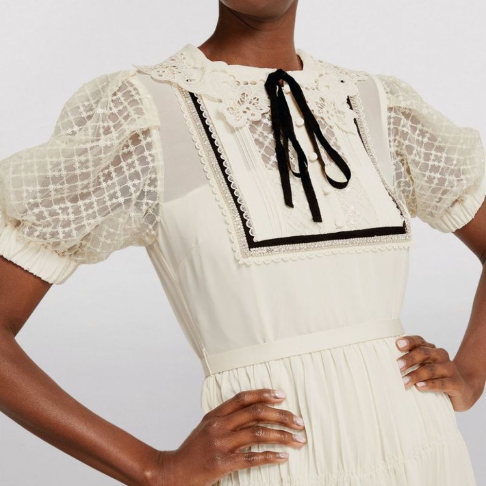 SELF-PORTRAIT Chiffon Lace-Collar Midi Dress - Picture 3 of 8